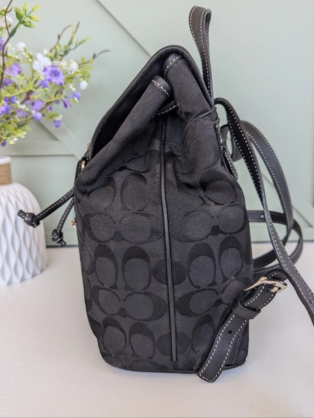 Coach Black Signature Canvas Mini Backpack with Leather Trim